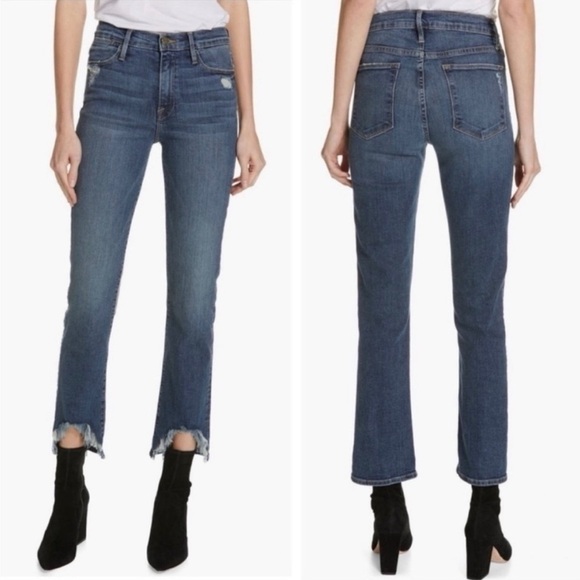 FRAME Denim Le High Straight Distressed Rue Chewed Hem Jeans - Picture 1 of 12